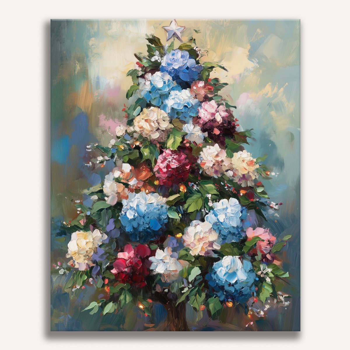 The image displays a festive Christmas tree adorned with an array of vibrant flowers, predominantly featuring shades of blue and purple, set against a backdrop that suggests a starry night sky..