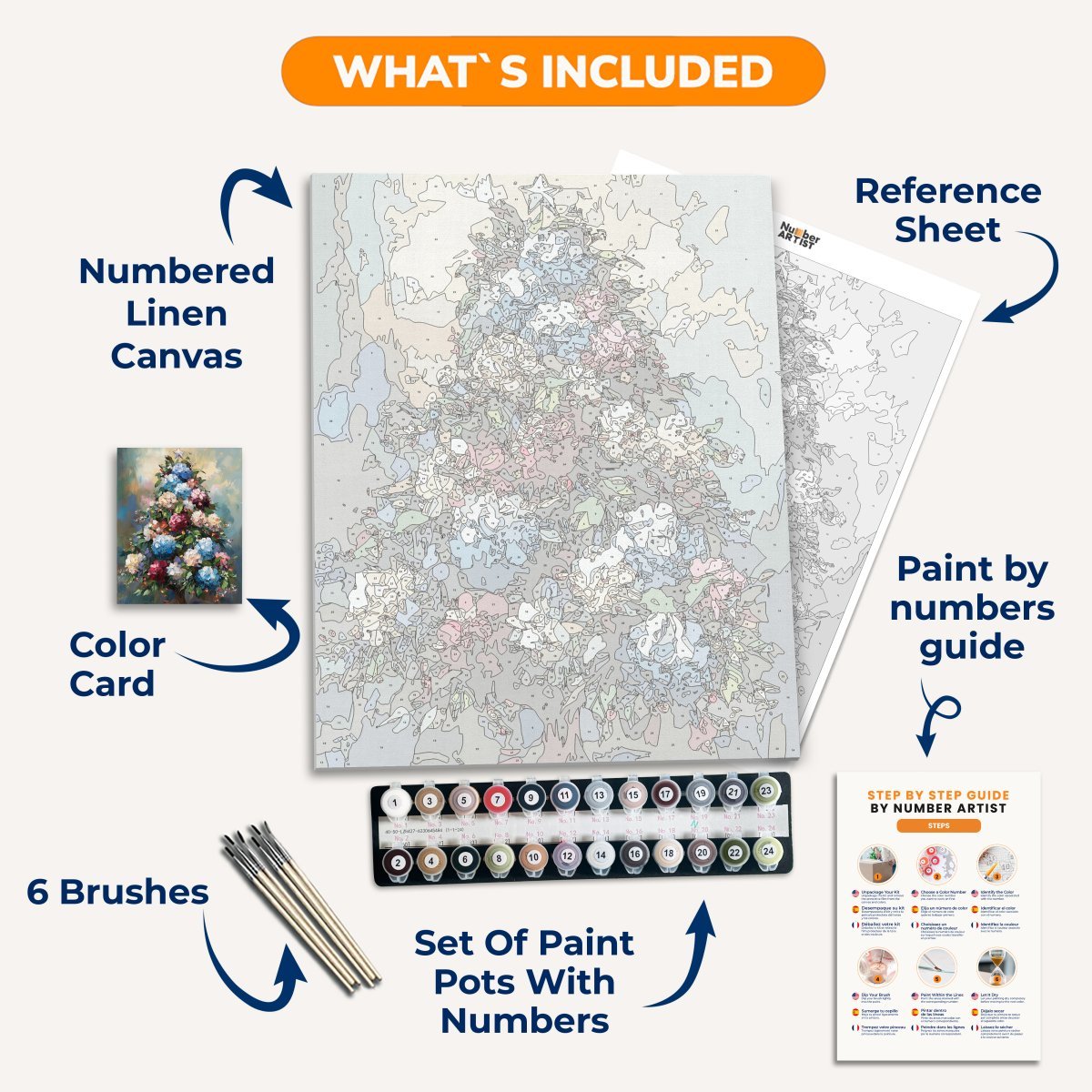 The image displays a festive Christmas tree adorned with an array of vibrant flowers, predominantly featuring shades of blue and purple, set against a backdrop that suggests a starry night sky..