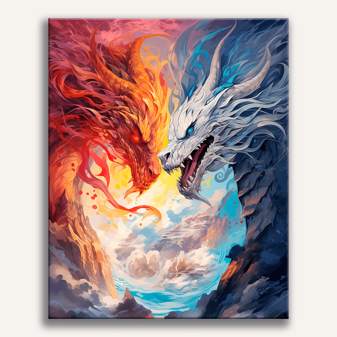 In the center of a vast sky backdrop, two dragons engage in a fierce battle.