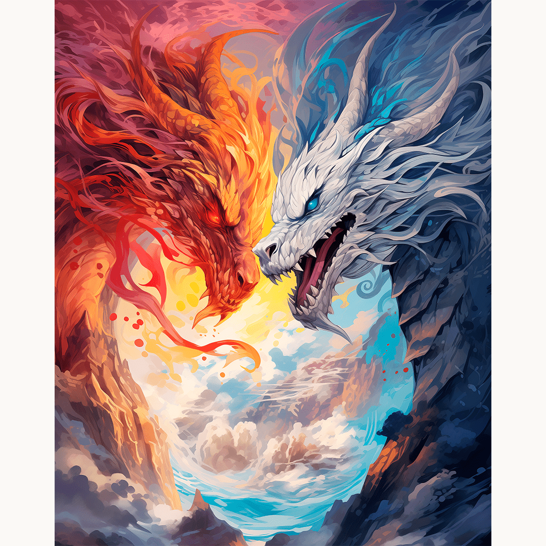 In the center of a vast sky backdrop, two dragons engage in a fierce battle.