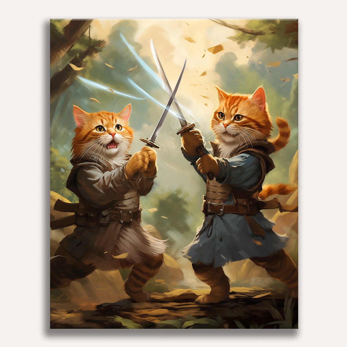 In the image, two anthropomorphic cat characters are depicted in a fantastical setting.