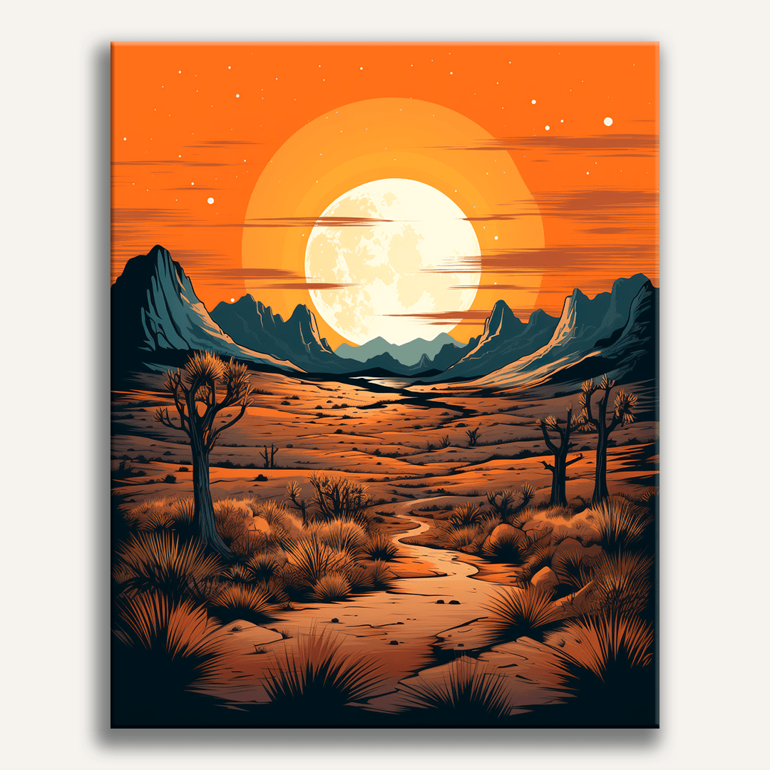 A stylized poster showcasing a desert landscape at dusk.