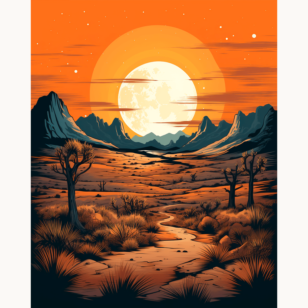 A stylized poster showcasing a desert landscape at dusk.