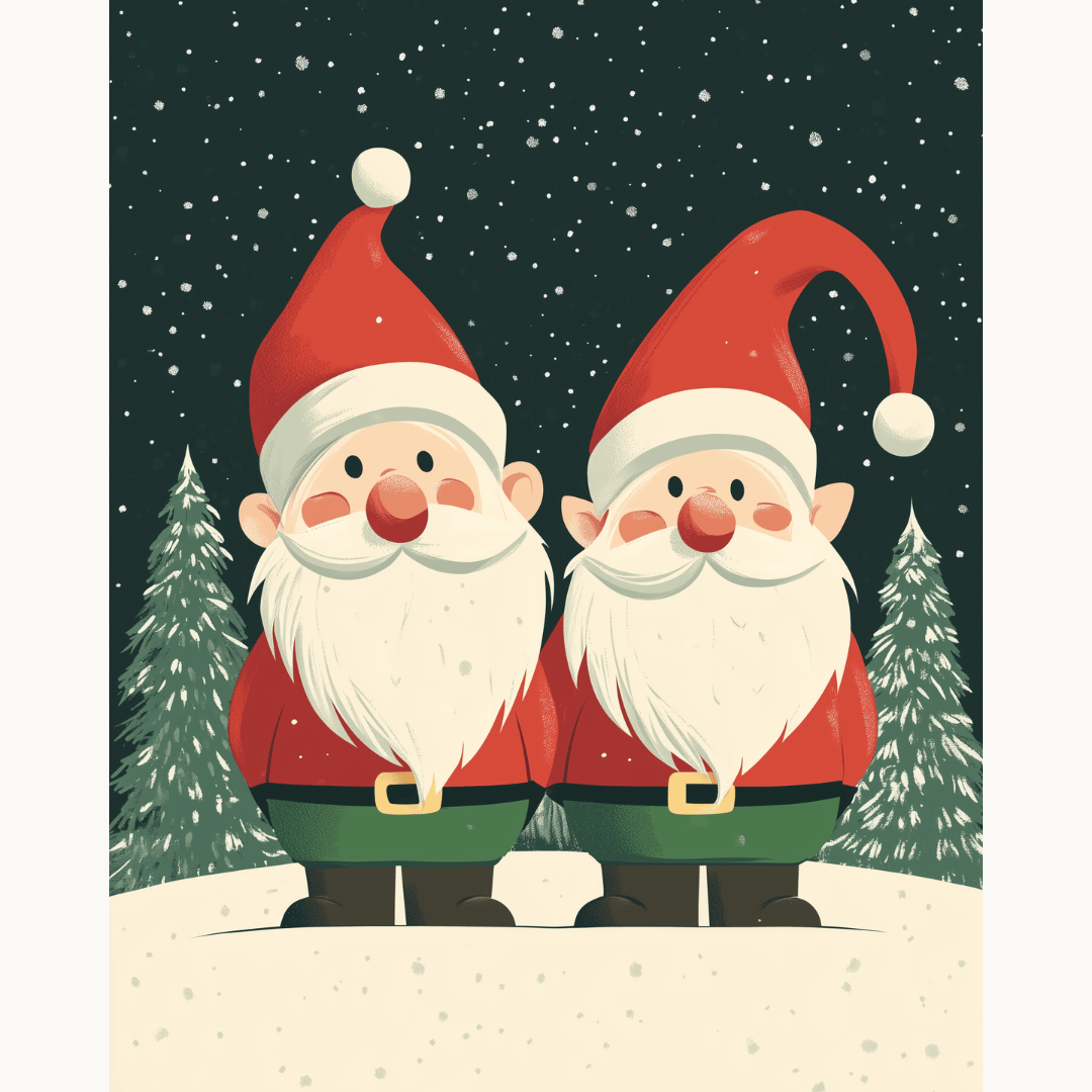 Two cartoon Santa Clauses standing amidst a snowy landscape.