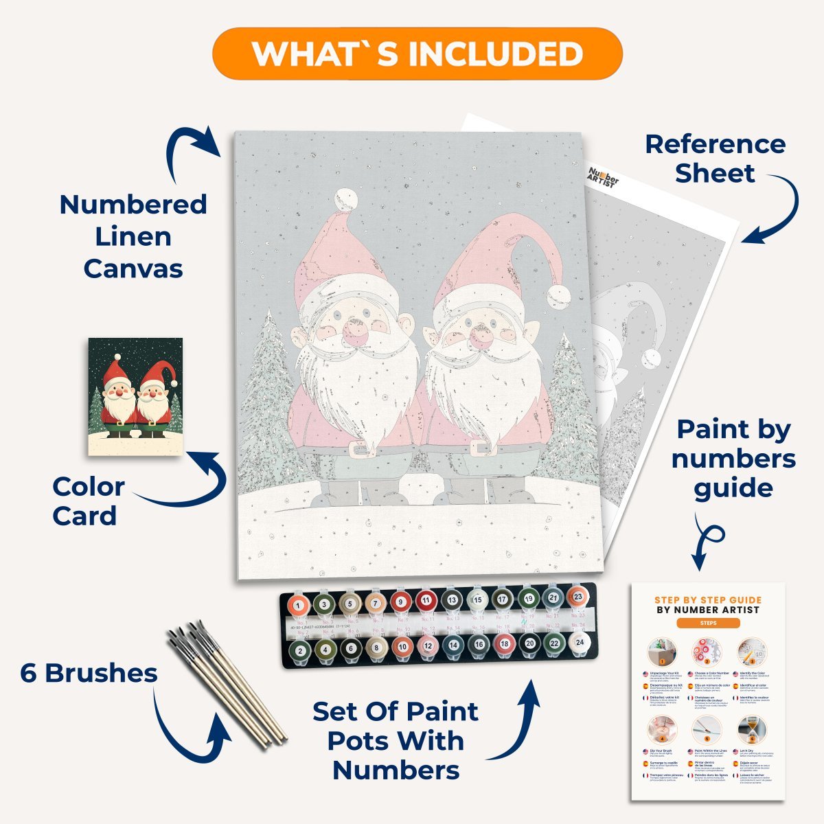 Two cartoon Santa Clauses standing amidst a snowy landscape.