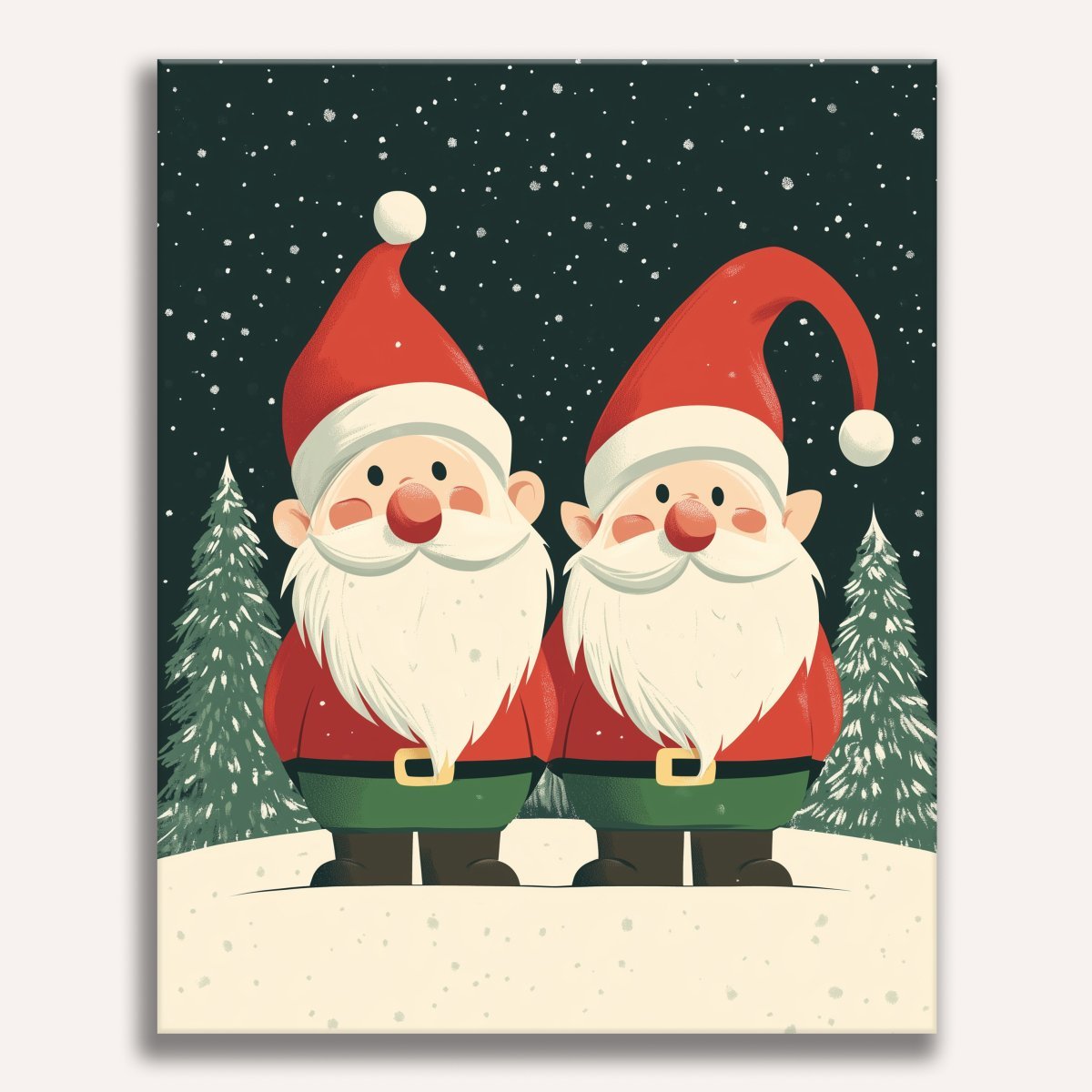 Two cartoon Santa Clauses standing amidst a snowy landscape.