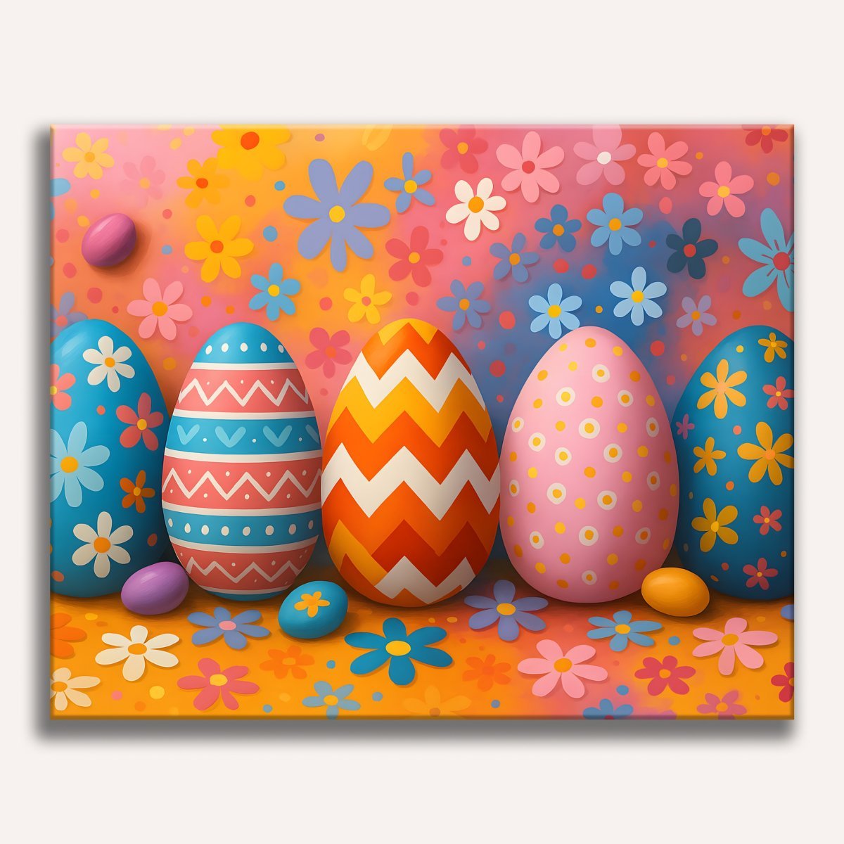 Colorful Easter eggs with floral patterns arranged in a row against a vibrant orange and pink background filled with cheerful flowers.