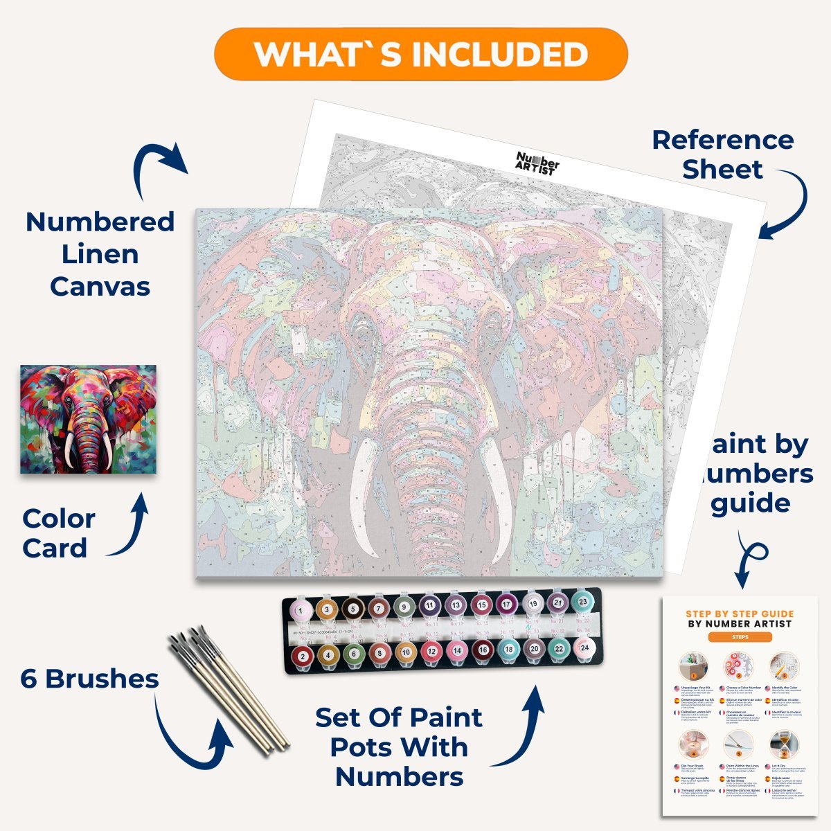 This image features a large, colorful elephant painted on a canvas with vibrant, patchwork patterns that resemble an abstract cityscape, predominantly in shades of pink and purple.