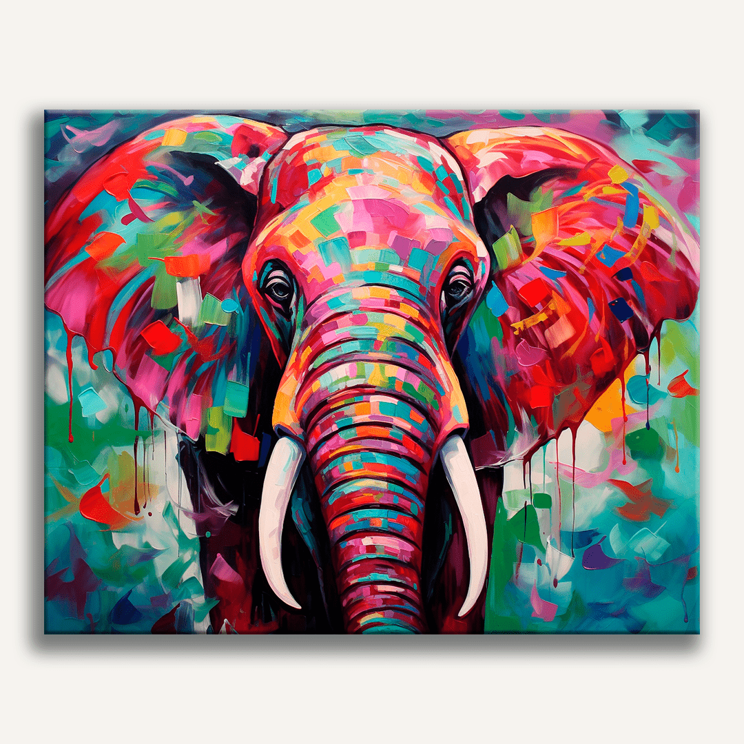 This image features a large, colorful elephant painted on a canvas with vibrant, patchwork patterns that resemble an abstract cityscape, predominantly in shades of pink and purple.