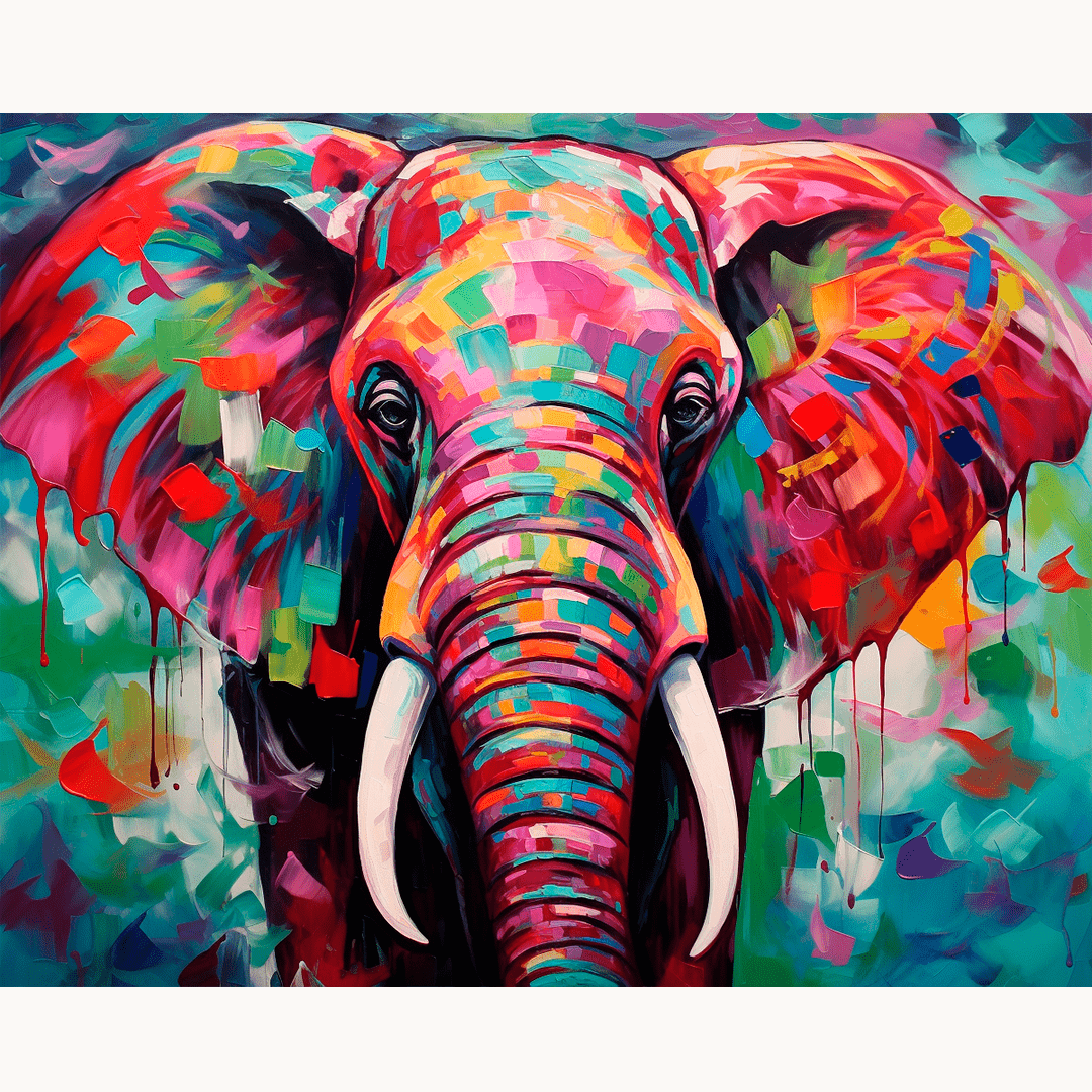 This image features a large, colorful elephant painted on a canvas with vibrant, patchwork patterns that resemble an abstract cityscape, predominantly in shades of pink and purple.