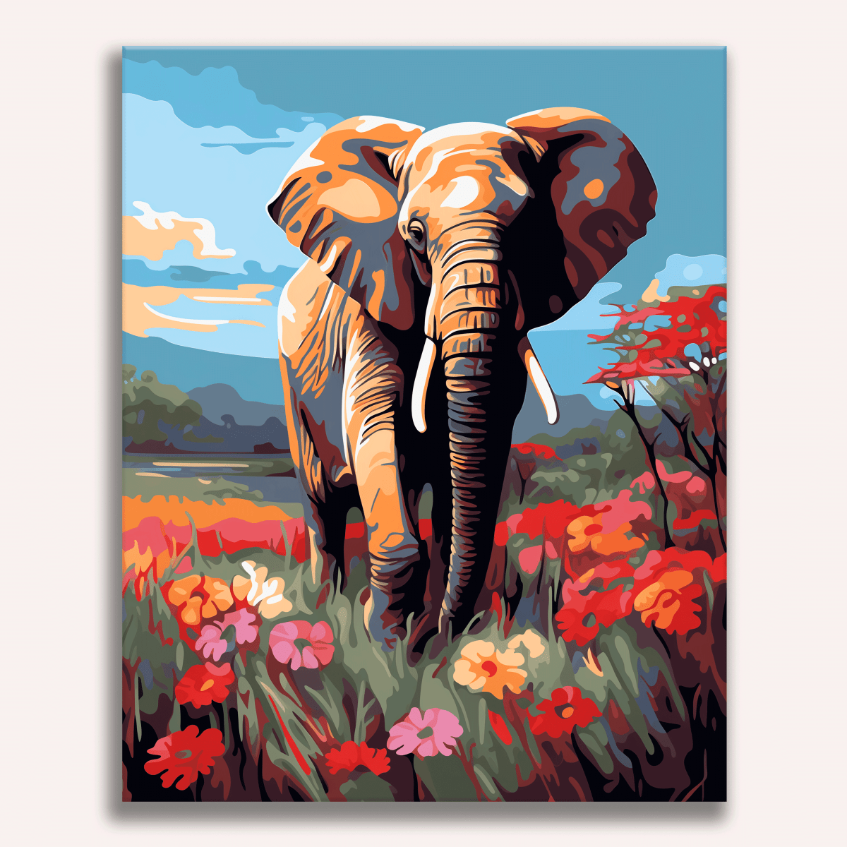 A digital illustration features a majestic African elephant standing amidst a vibrant field of red and orange flowers.