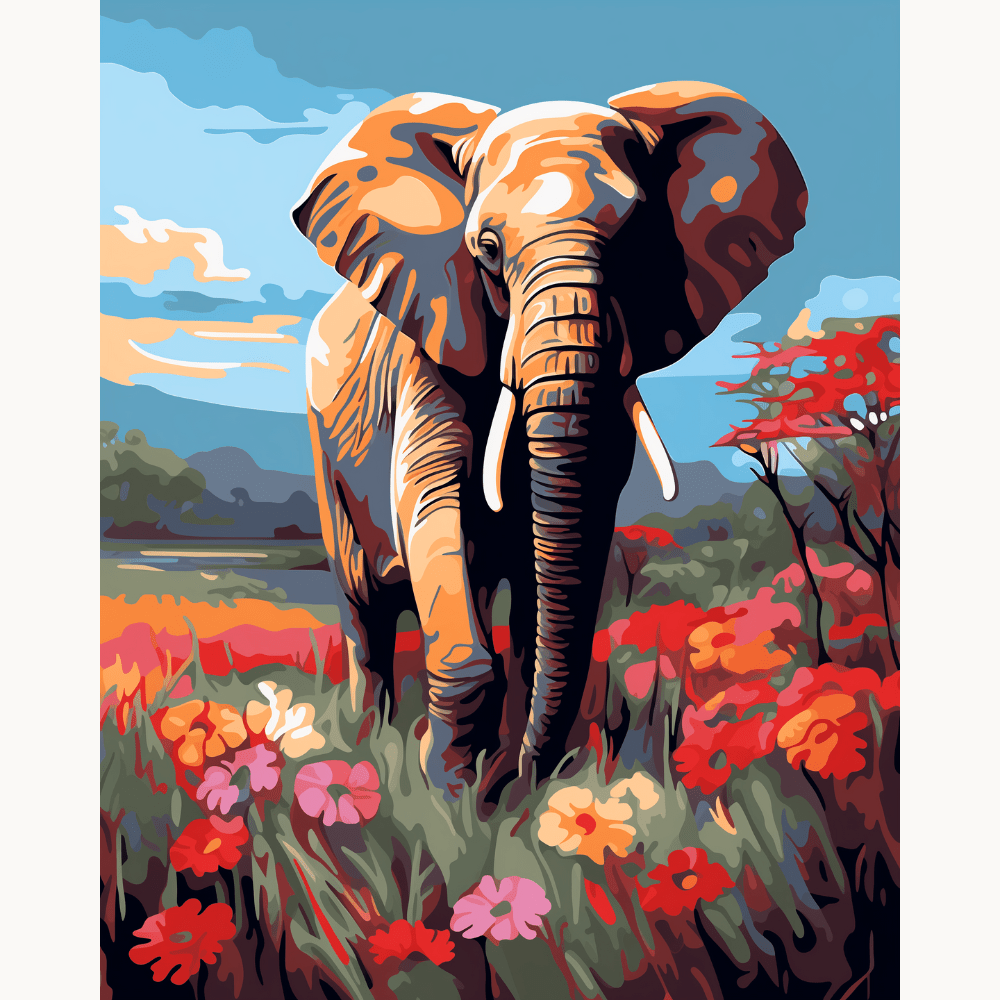 A digital illustration features a majestic African elephant standing amidst a vibrant field of red and orange flowers.