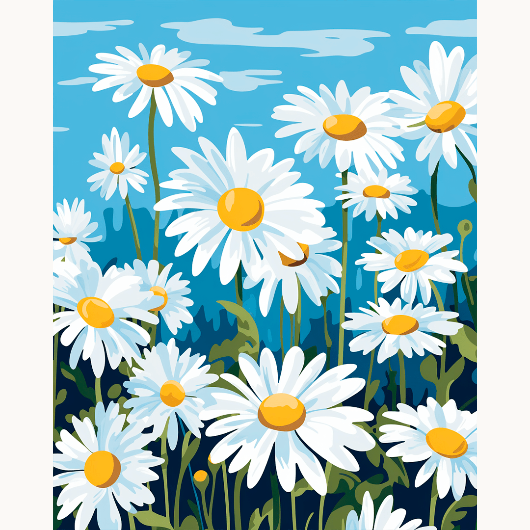 A digital illustration showcases a bouquet of daisies in full bloom against a sky backdrop.
