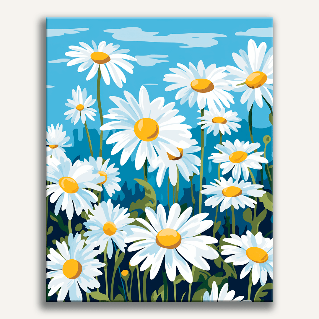 A digital illustration showcases a bouquet of daisies in full bloom against a sky backdrop.