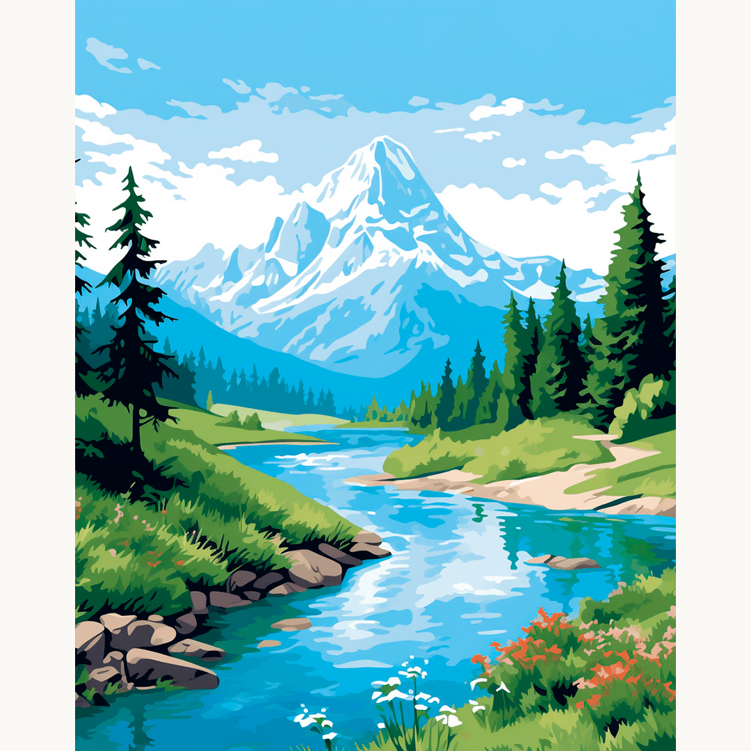 This image depicts a serene landscape featuring a mountainous backdrop under a clear sky with scattered clouds.