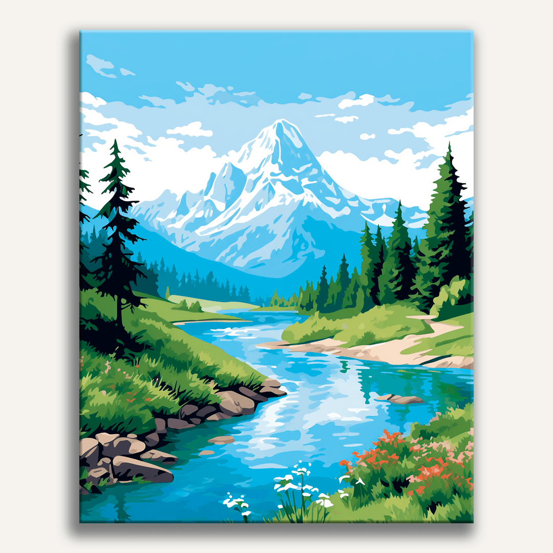 This image depicts a serene landscape featuring a mountainous backdrop under a clear sky with scattered clouds.