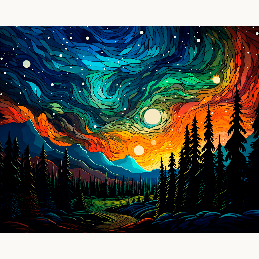 In this vivid illustration, a surreal landscape unfolds under a twilight sky filled with swirling colors.