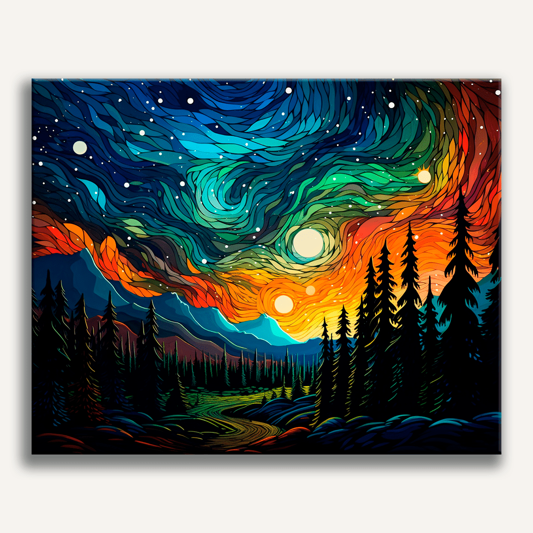 In this vivid illustration, a surreal landscape unfolds under a twilight sky filled with swirling colors.