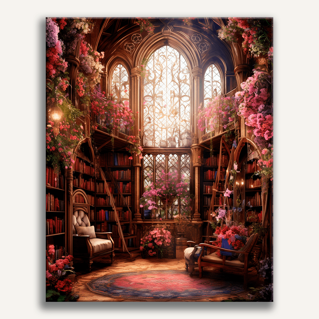 This image depicts a whimsical and intricately designed interior space that resembles a library or bookshop.