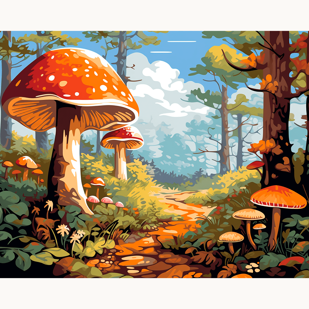The image depicts an idyllic forest scene with a whimsical feel.