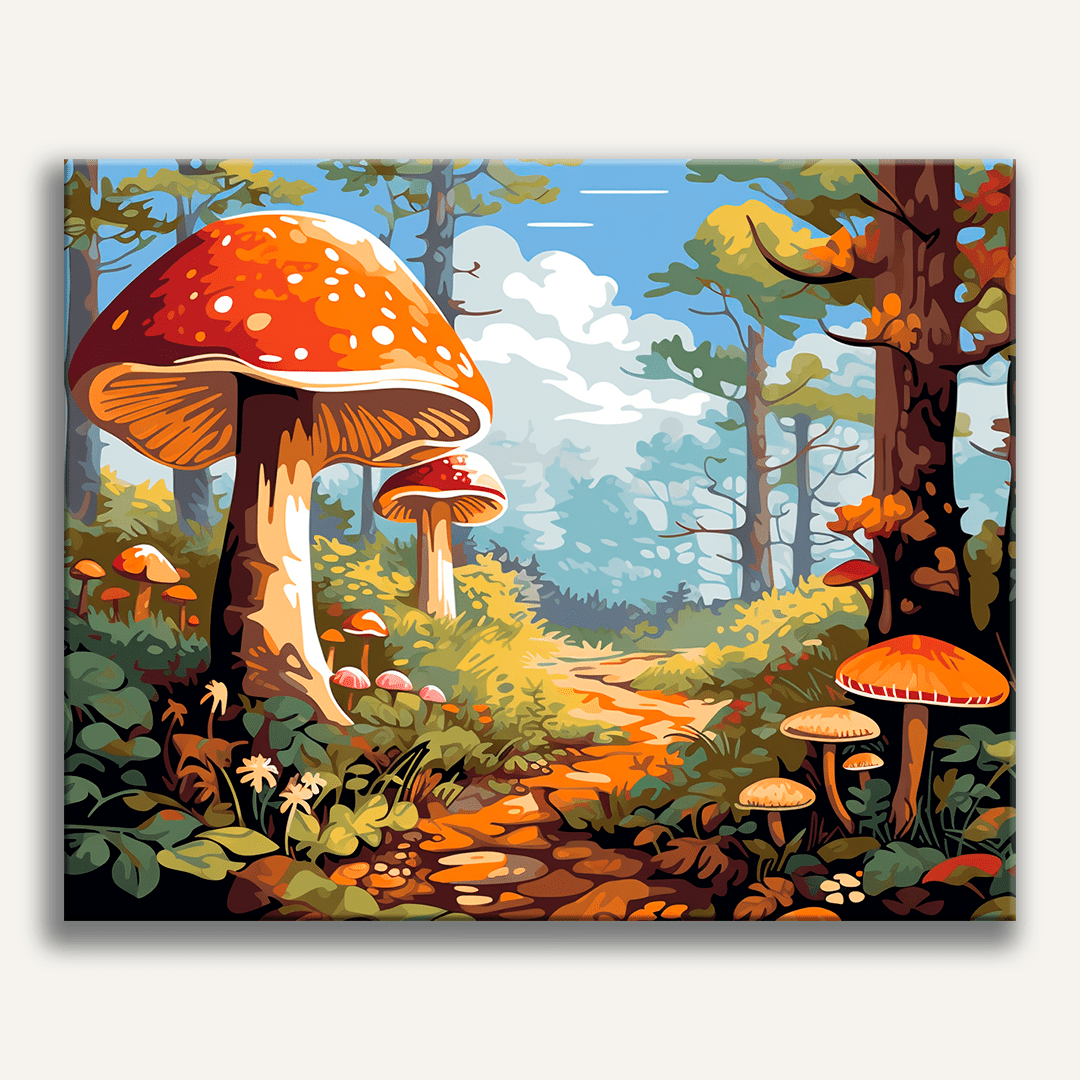 The image depicts an idyllic forest scene with a whimsical feel.