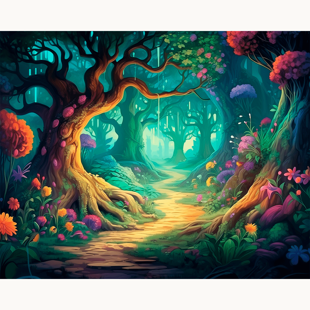 The image depicts a vibrant and fantastical forest scene.