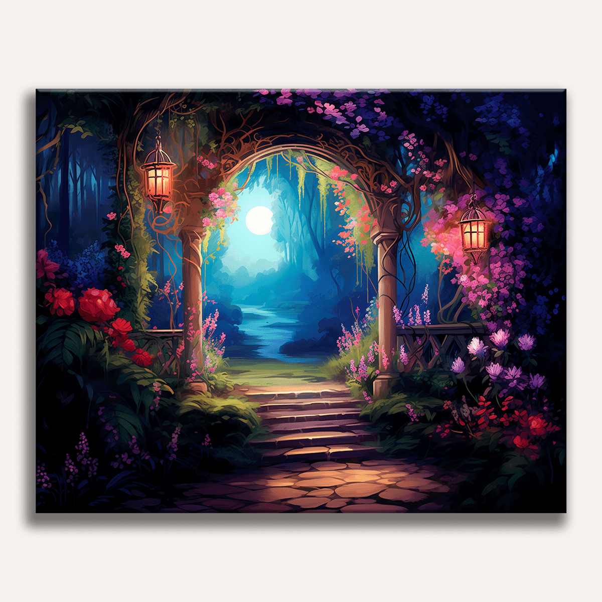 A fantasy-themed illustration showcases a serene night scene where a bridge arches over a tranquil pond.