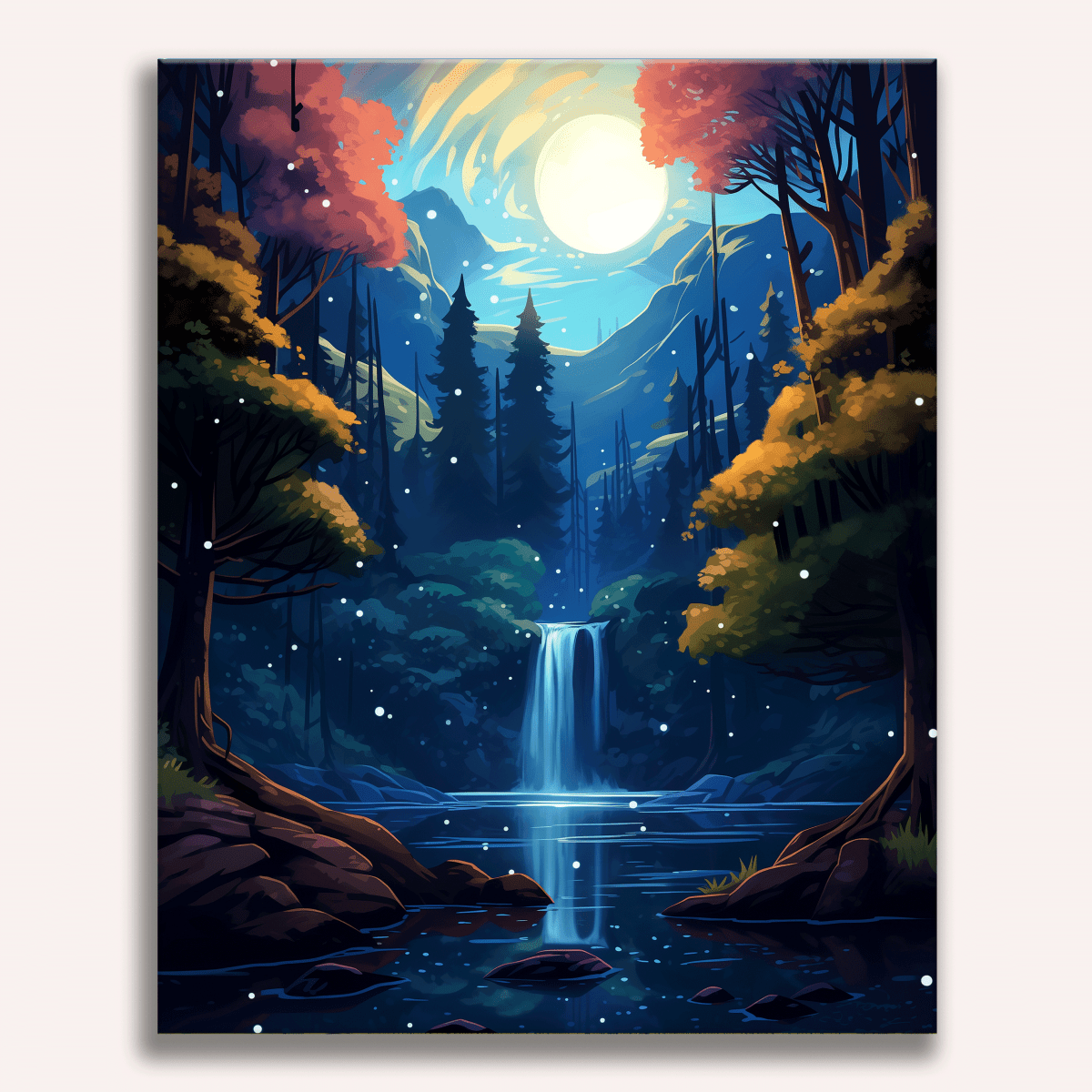 A tranquil night scene featuring a waterfall cascading amidst a forest.