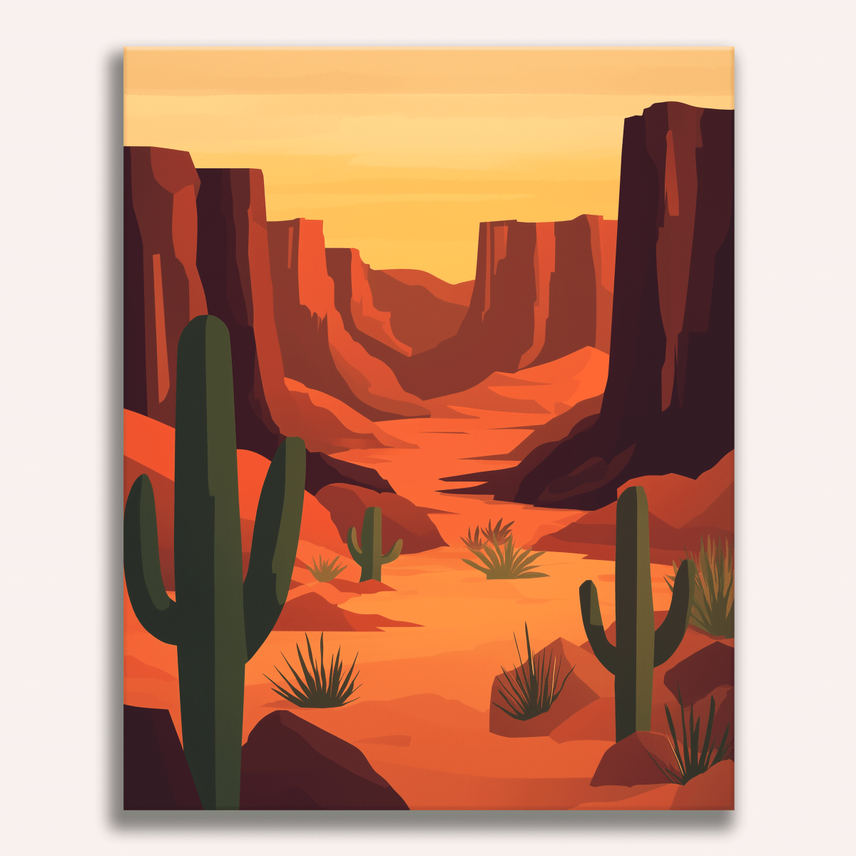 A vibrant illustration captures a scenic desert landscape at sunset.