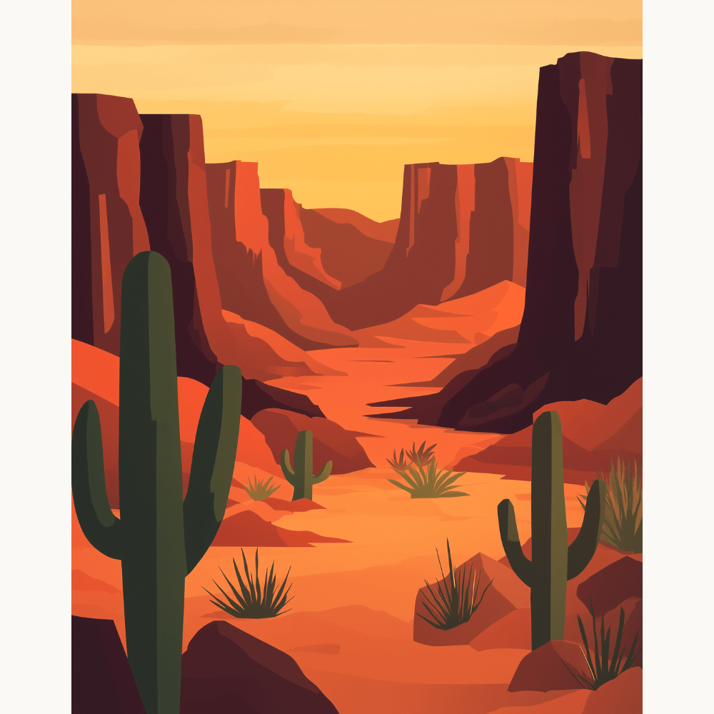 A vibrant illustration captures a scenic desert landscape at sunset.