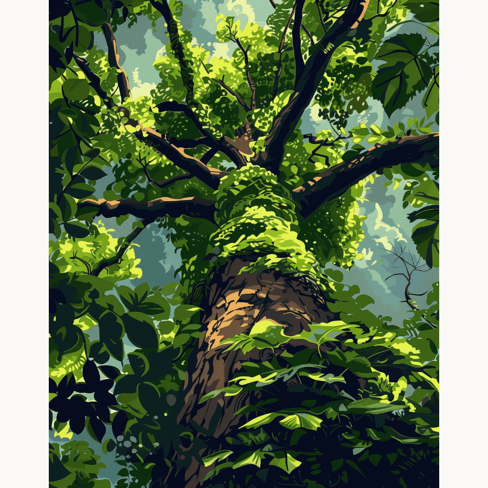 The image showcases a towering tree, its trunk and branches intertwined in a tapestry of green.