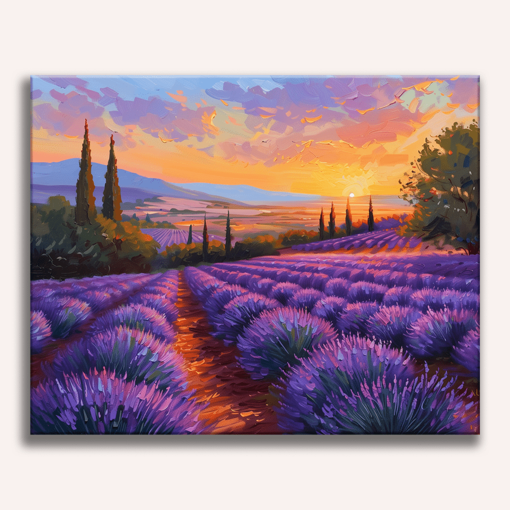 A vibrant canvas print depicts a tranquil scene at sunset.