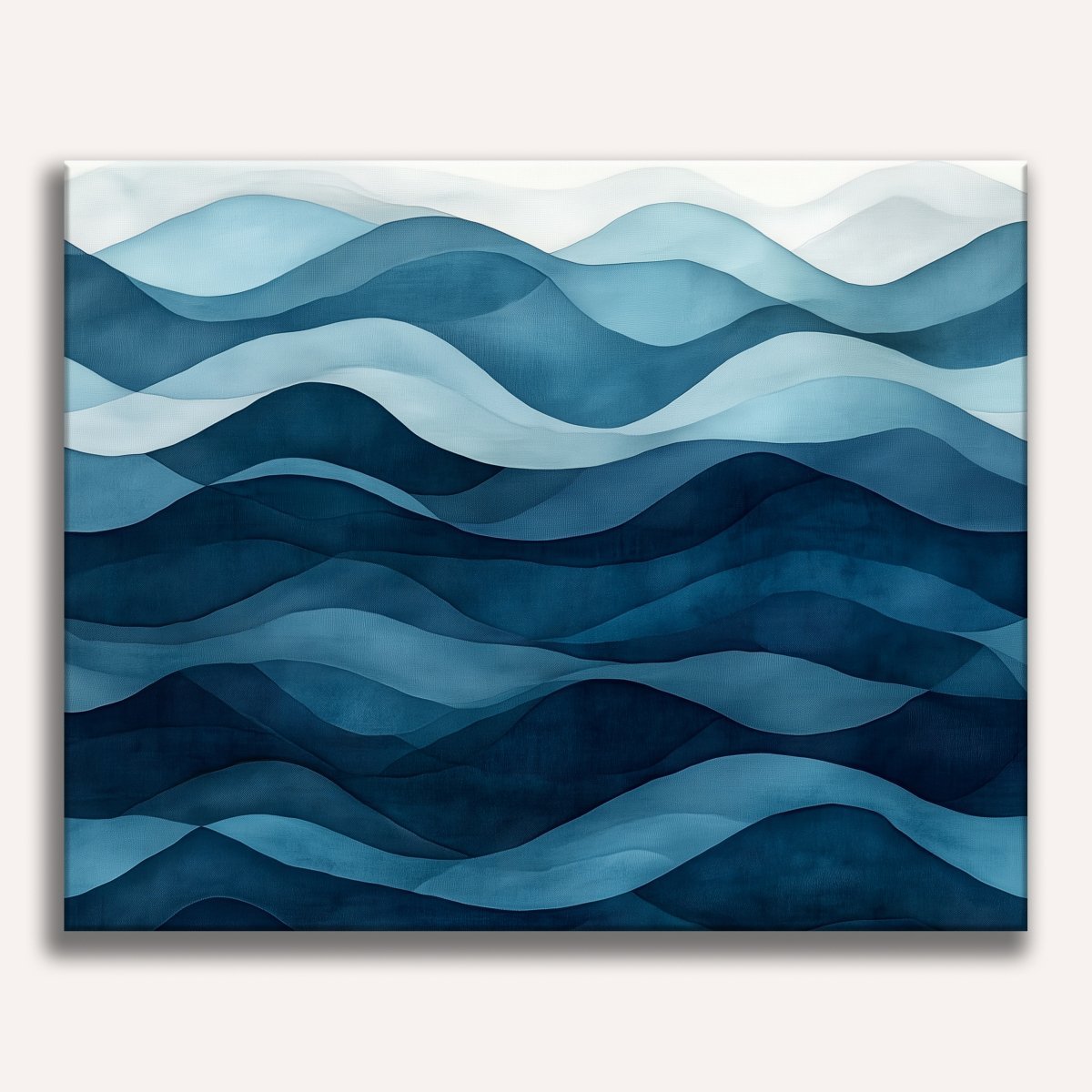 This image displays a wall hanging featuring an abstract wave pattern composed of vertical and horizontal lines in shades of blue, green, and white, creating a sense of movement on a dark background that resembles water..