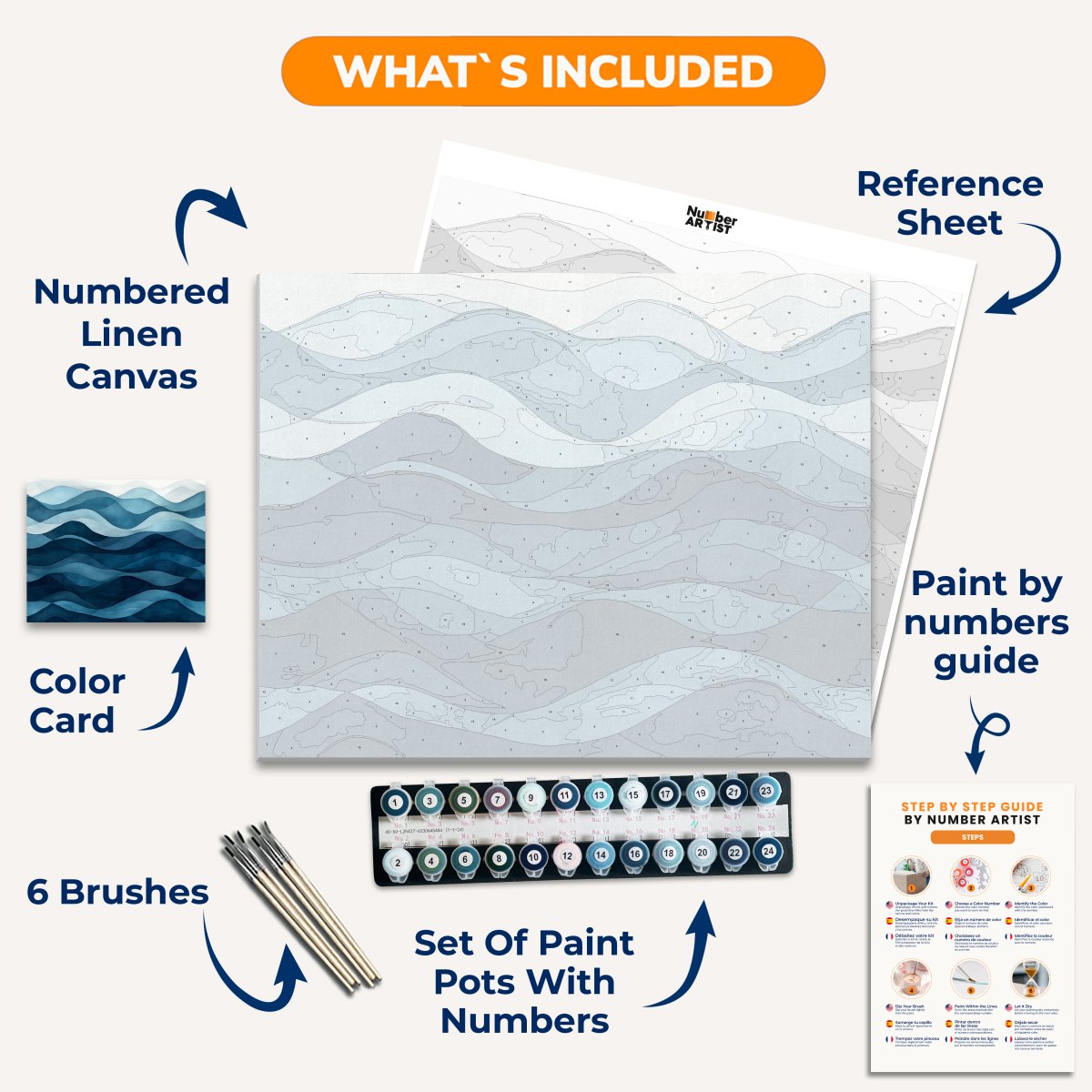 This image displays a wall hanging featuring an abstract wave pattern composed of vertical and horizontal lines in shades of blue, green, and white, creating a sense of movement on a dark background that resembles water..