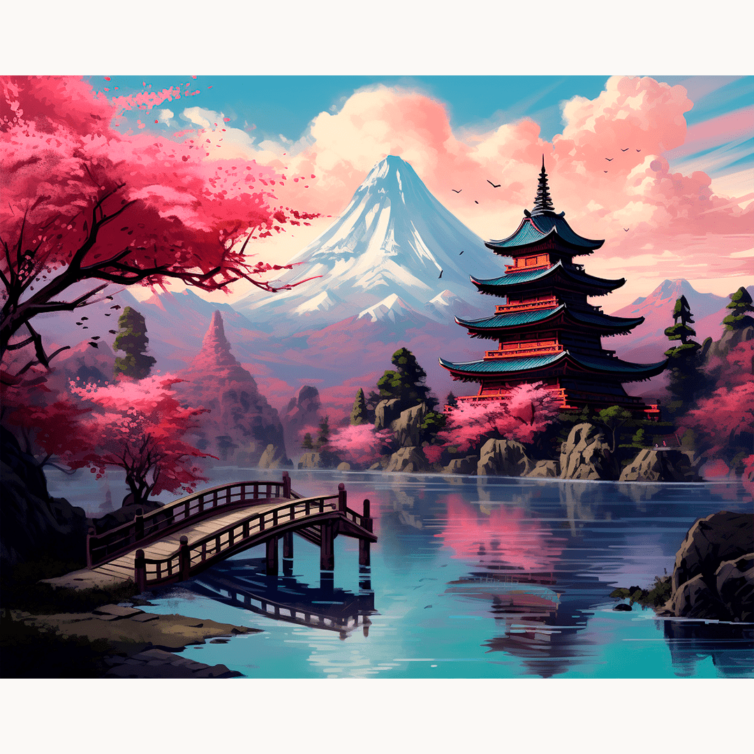 The image depicts a tranquil scene of an East Asian style village nestled at the foot of a majestic mountain with a temple on top.