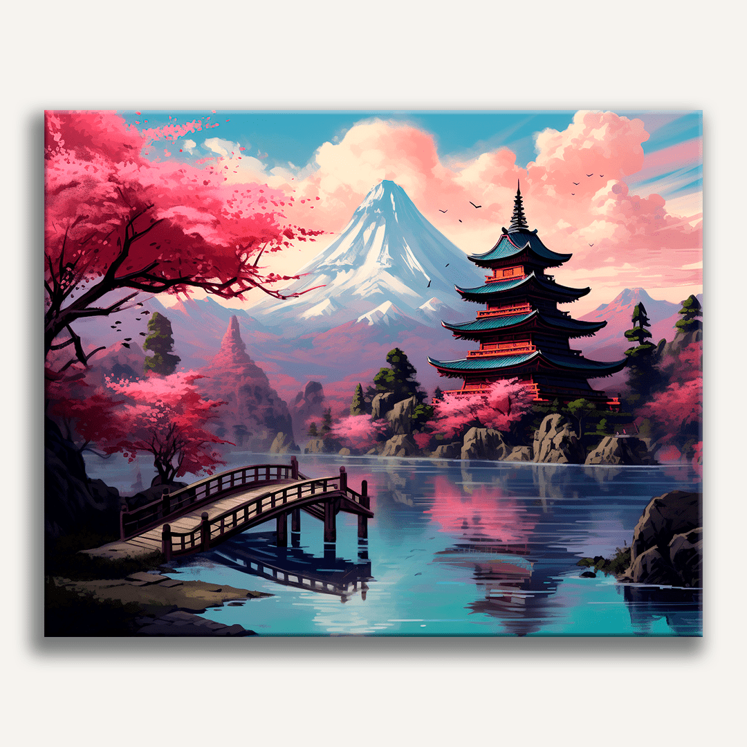 The image depicts a tranquil scene of an East Asian style village nestled at the foot of a majestic mountain with a temple on top.
