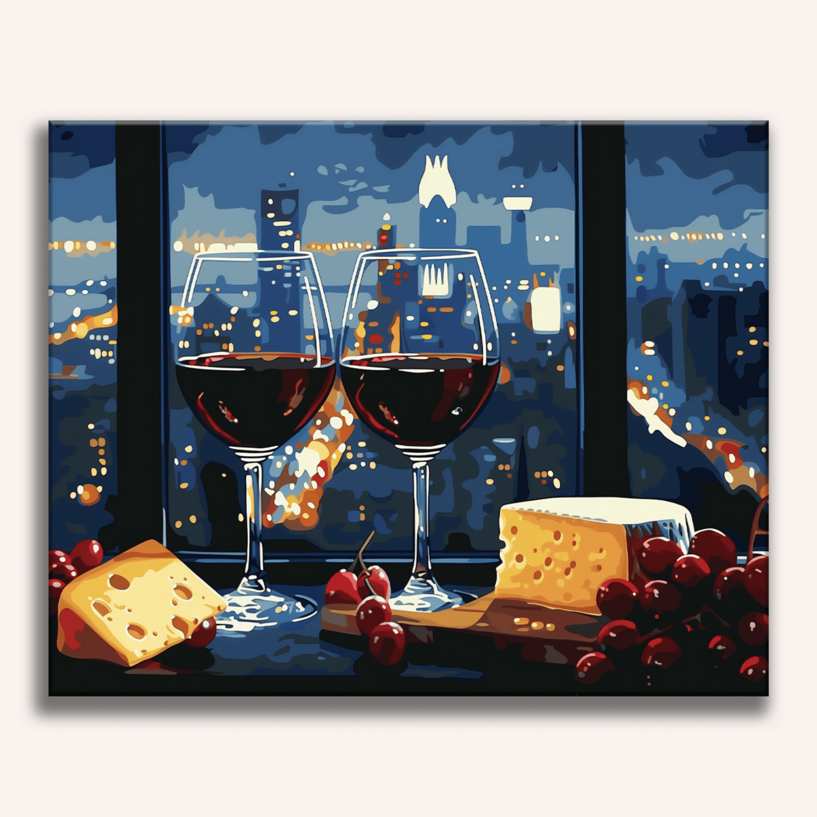 The image portrays a cityscape at night, viewed from an upper vantage point looking out over the city.