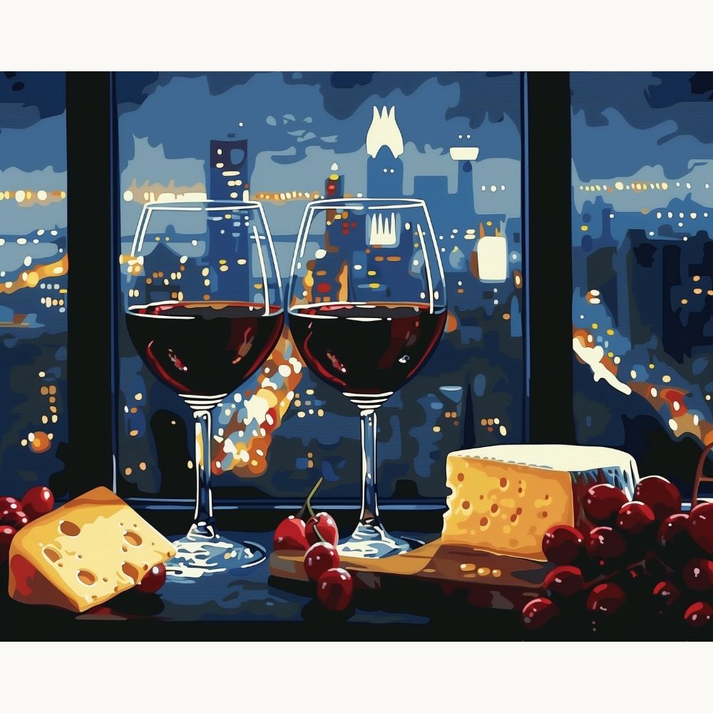 The image portrays a cityscape at night, viewed from an upper vantage point looking out over the city.