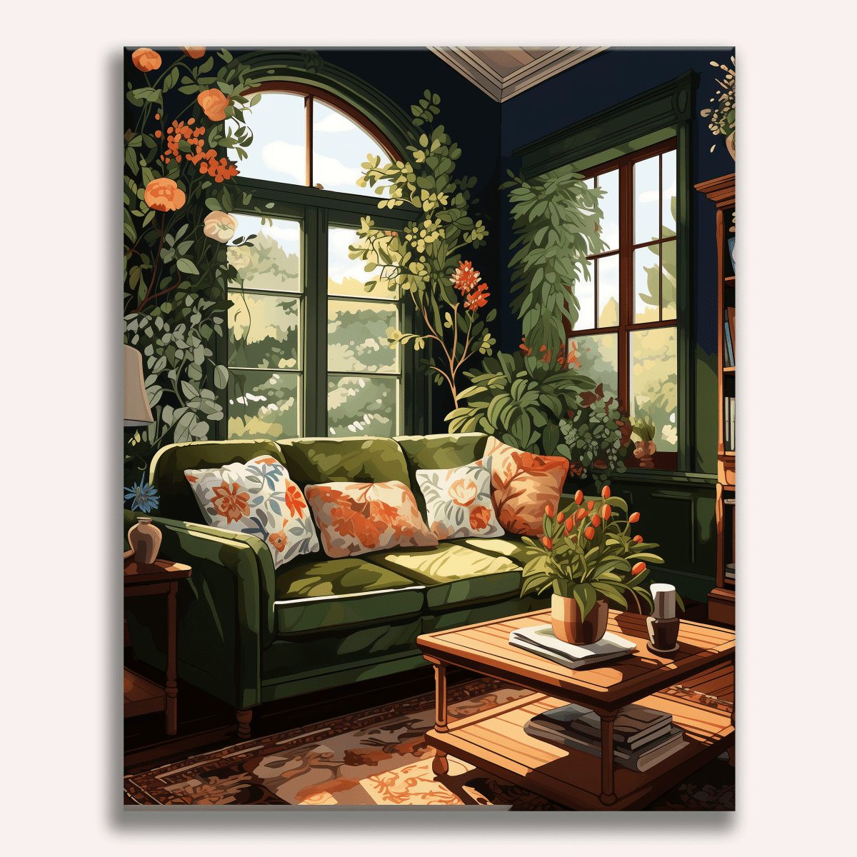 In the center of a cozy living room, a green couch sits invitingly against a wall adorned with plants and flowers.