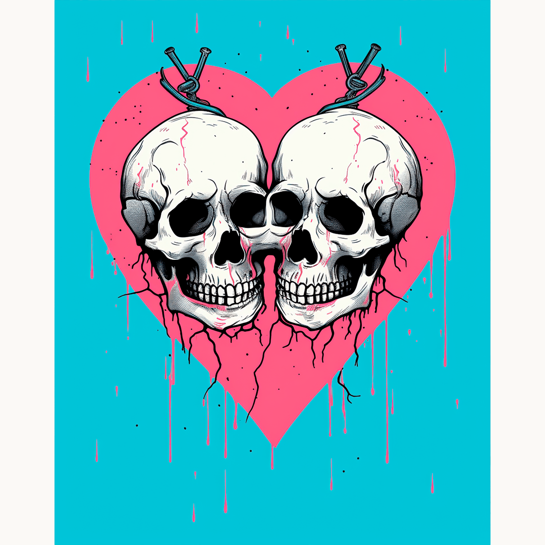 In the center of a vibrant blue background speckled with raindrops, two human skulls are superimposed.