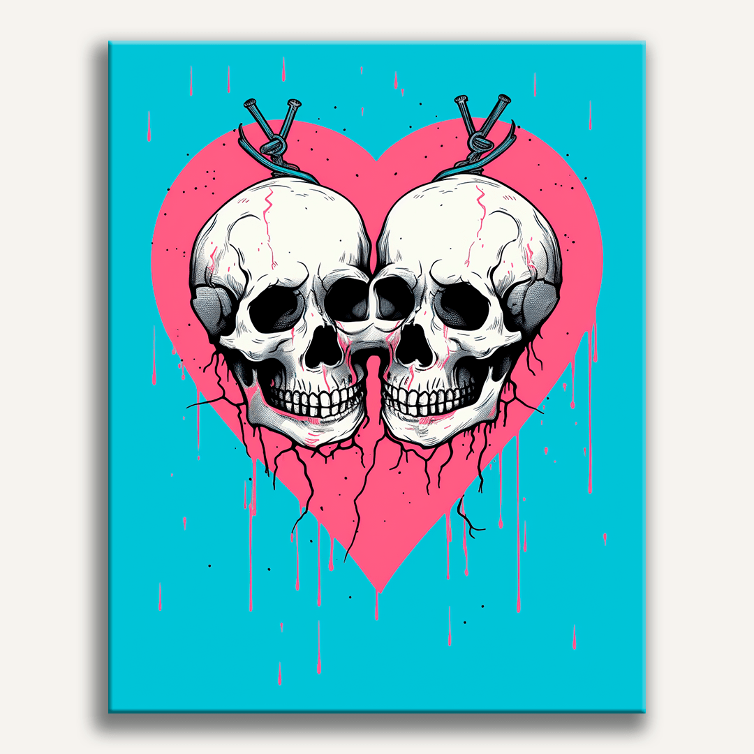 In the center of a vibrant blue background speckled with raindrops, two human skulls are superimposed.