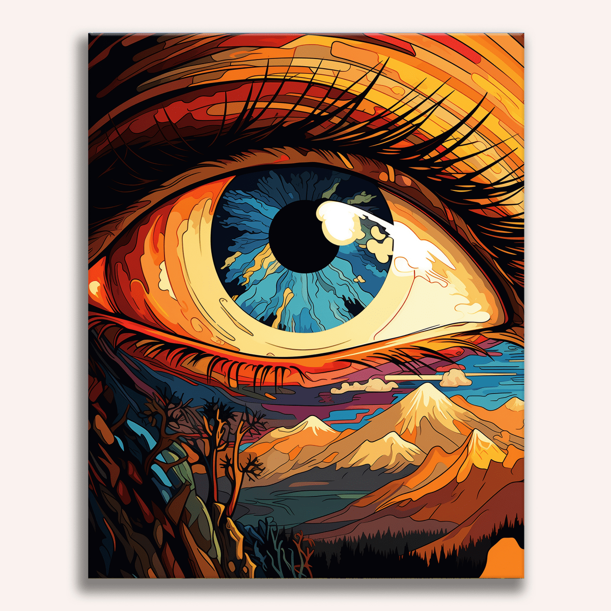 A surreal and vivid artwork showcases an eye as the main focus, exhibiting a kaleidoscope of colors.