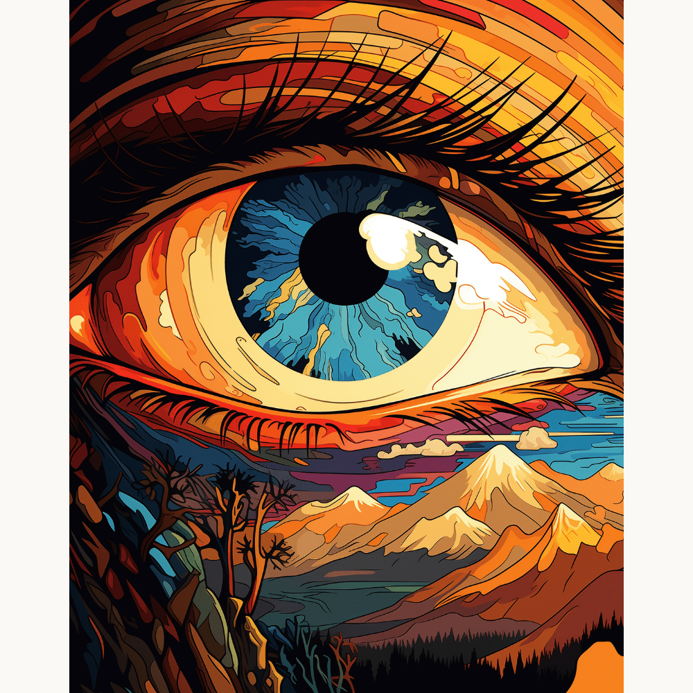 A surreal and vivid artwork showcases an eye as the main focus, exhibiting a kaleidoscope of colors.