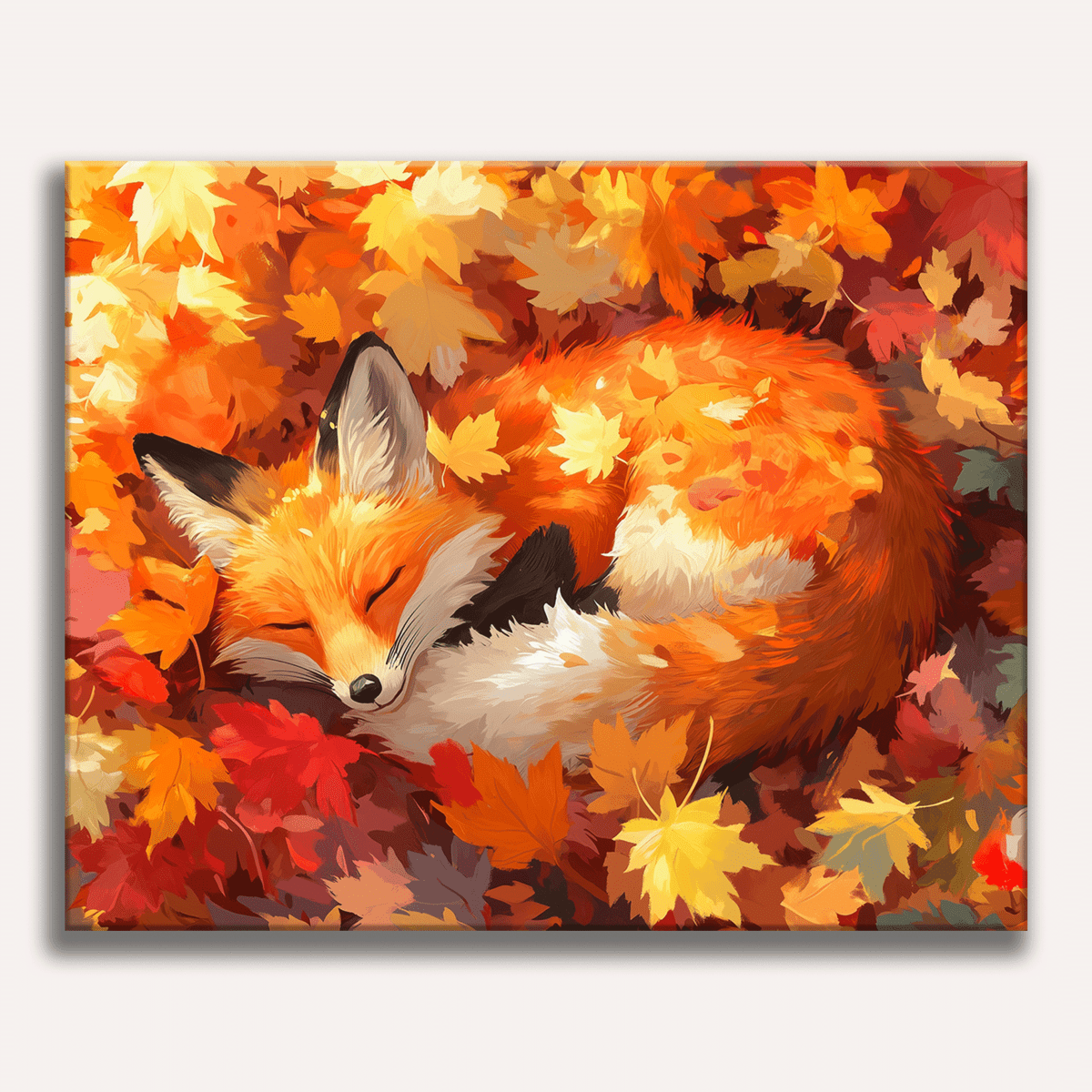 This is an illustration featuring a fox with closed eyes and a relaxed posture, resting among autumn leaves that are in shades of red and gold, suggesting a fall season.