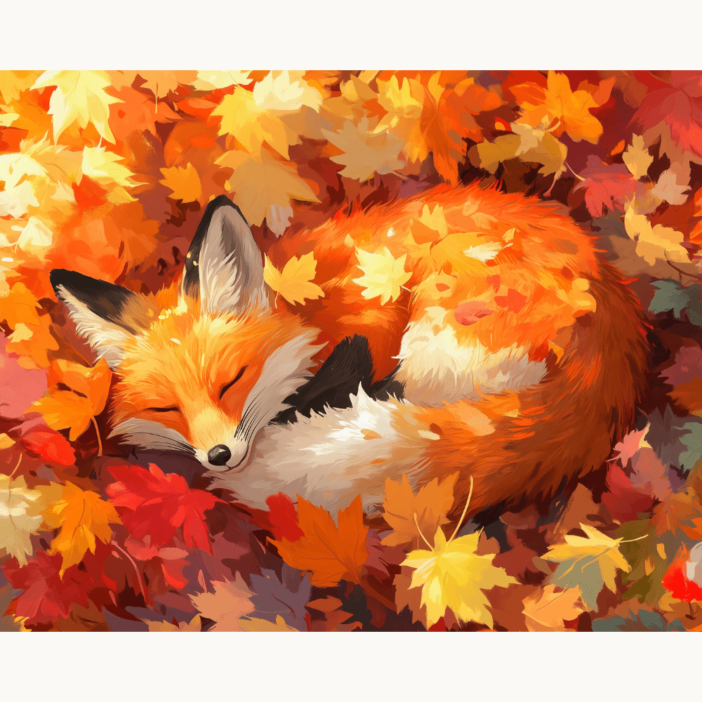 This is an illustration featuring a fox with closed eyes and a relaxed posture, resting among autumn leaves that are in shades of red and gold, suggesting a fall season.