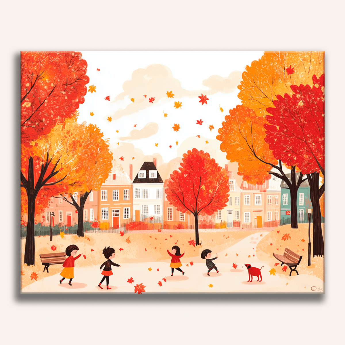 The image presents a lively autumn scene on a clear day.