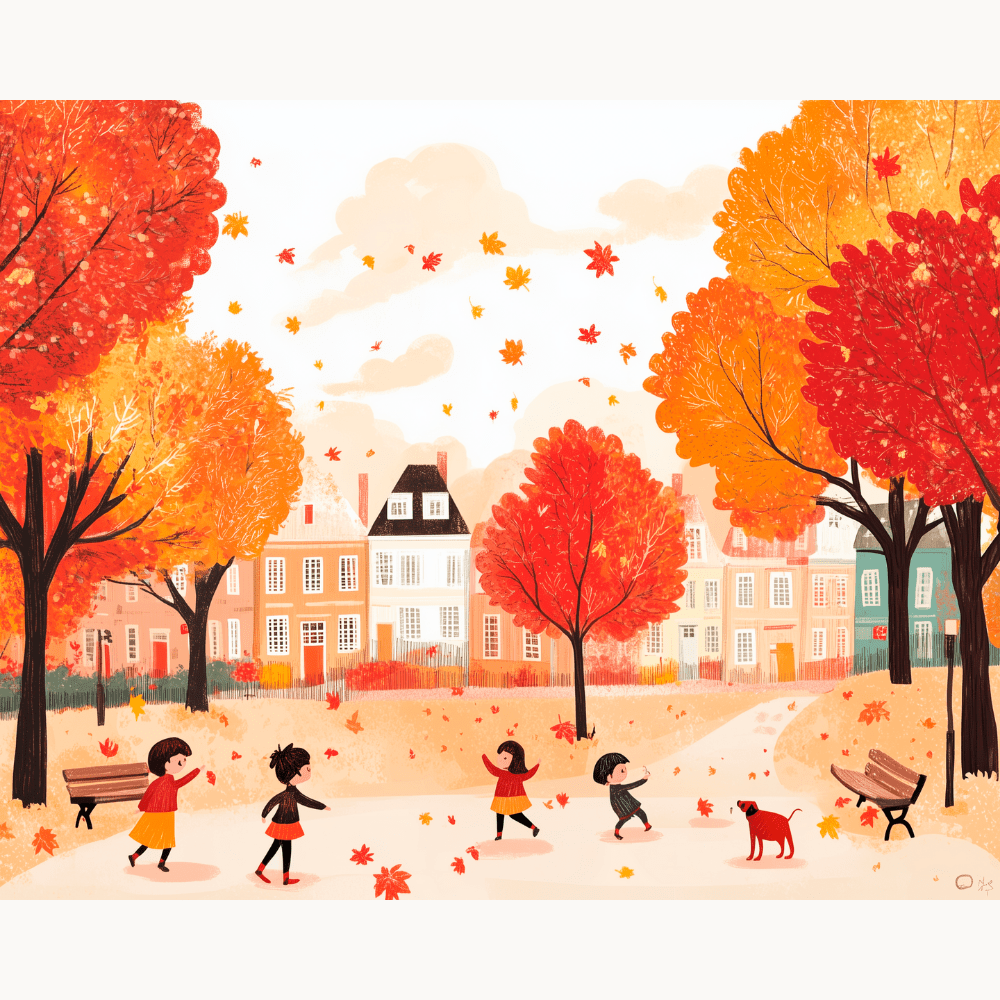 The image presents a lively autumn scene on a clear day.