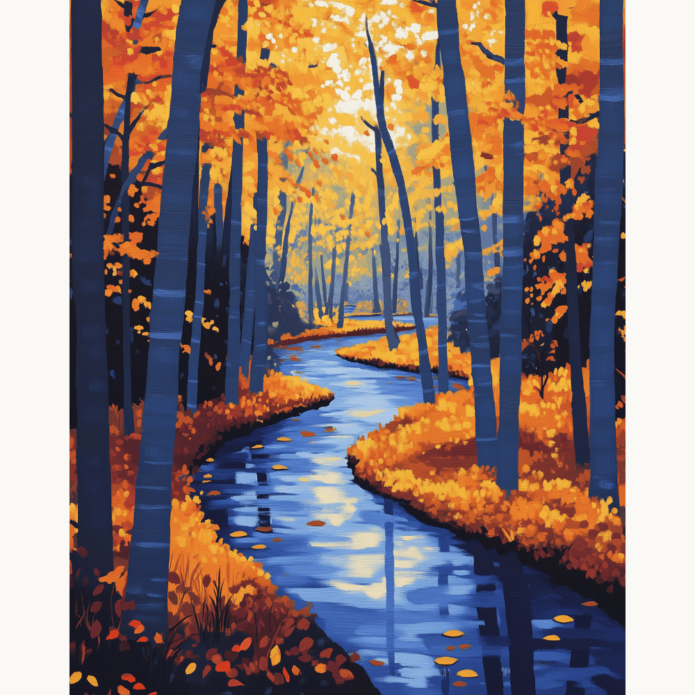 This is a colorful landscape print featuring an autumn scene.
