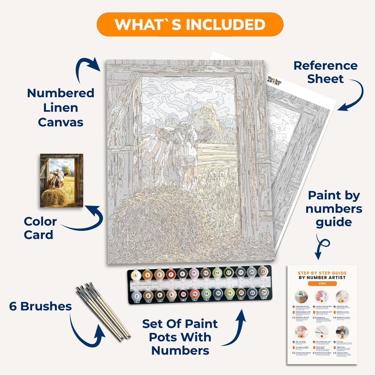 This is an illustration featuring a cow standing inside a wooden barn door.