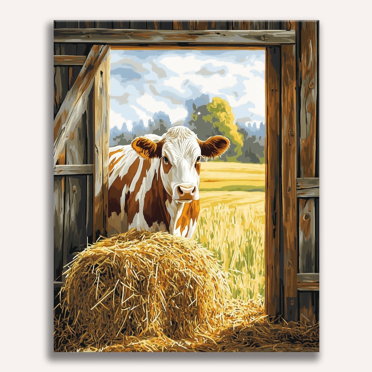 This is an illustration featuring a cow standing inside a wooden barn door.